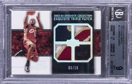 2003-04 UD "Exquisite Collection" Triple Patch #LJ LeBron James Game Used Patch Rookie Card (#05/10) – BGS MINT 9